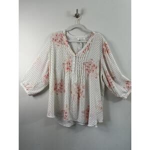 Rose and Olive White Floral and Polka Dot Women's Blouse with Button Detail 3X